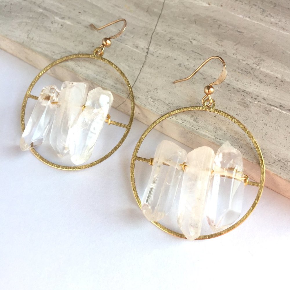 Clear Quartz Crystal — Gold hoop Earrings - Picture 6 of 6